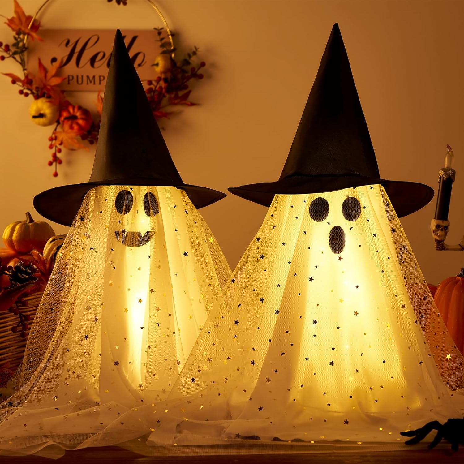 2Pcs Halloween Ghosts Decorations Indoor - Light Up Ghost Crafts with Sequined Netting, Cute Halloween Party Decorations, Spooky Ghost Decor for Home Table Fireplace Kitchen and Office